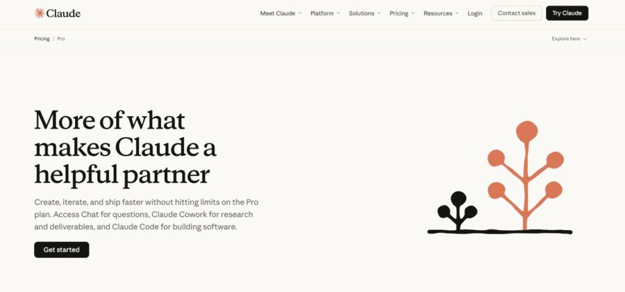 Claude webpage with the text 'More of what makes Claude a helpful partner' and a stylized illustration of two abstract trees to the right