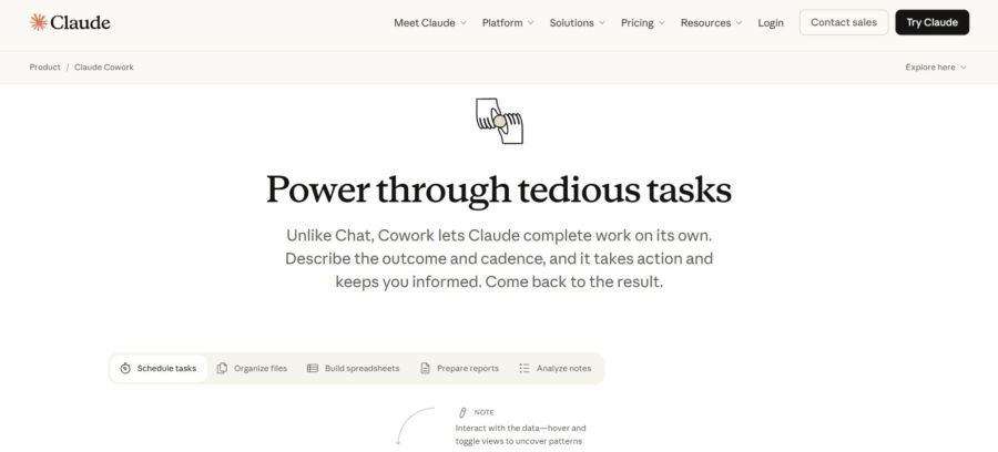 Webpage for Claude Cowork software. Features include task scheduling, file organization, and report preparation. Promotes efficiency and ease
