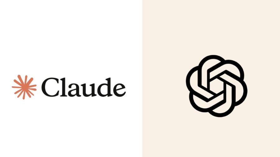 Split image: Left side features the "Claude" logo with an orange asterisk and bold text on a white background. Right side shows a black geometric knot on a beige background.