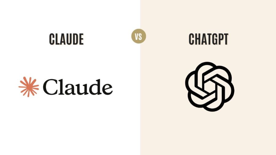Split image comparing "Claude" and "ChatGPT." Left: "Claude" with a red asterisk logo. Right: "ChatGPT" with a black knot logo. Neutral tone.