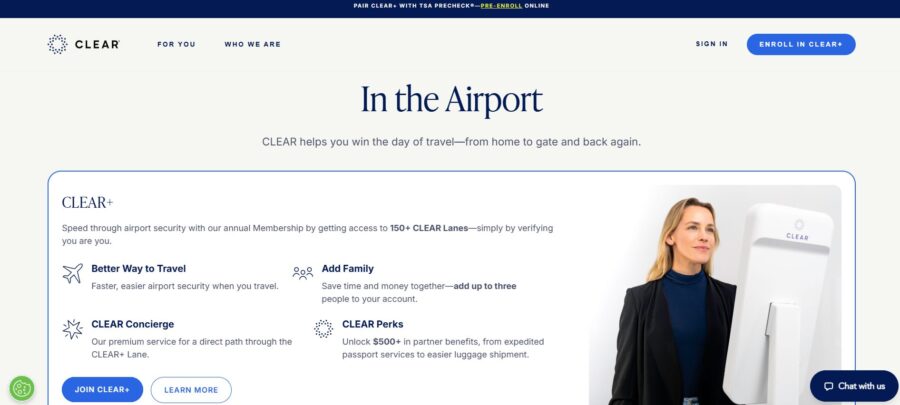 CLEAR Guide logo with facial recognition technology interface displayed on a digital screen.
