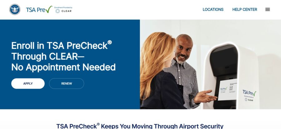 Clear TSA PreCheck connection sign indicating expedited security screening for eligible travelers at the airport.
