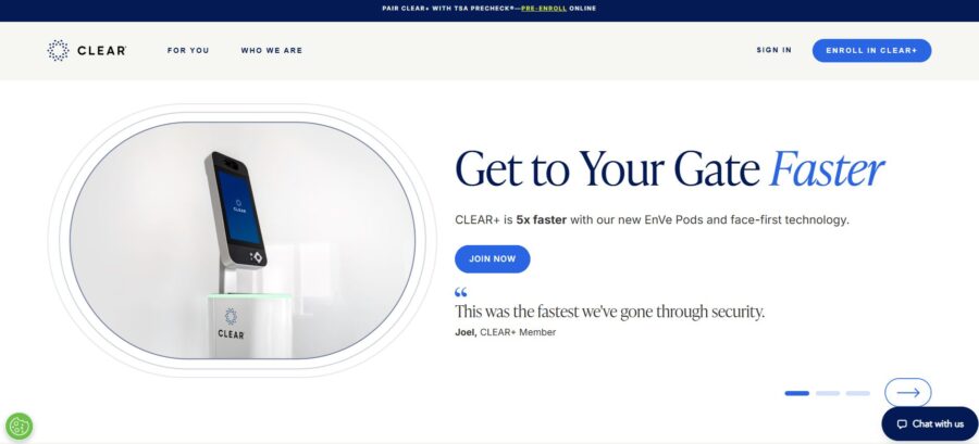 CLEAR website homepage featuring a clean design with navigation options and a prominent search bar.
