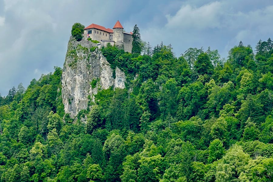 Bled cliffside medieval stone castle perched above forested limestone outcrop.