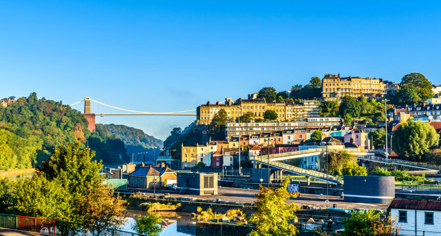 Scenic view of Clifton village in Bristol, featuring the famous Suspension Bridge in the background.