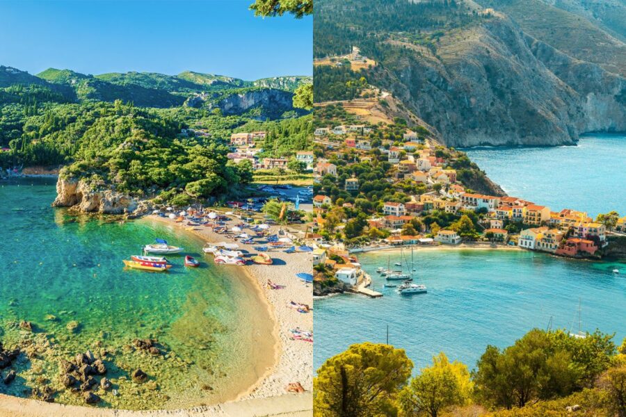 Vibrant beach and charming coastal village landscapes with turquoise waters and Mediterranean architecture.