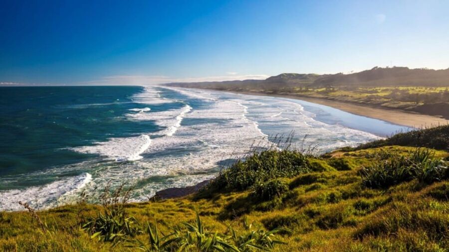 Stunning coastal scene with ocean waves, sandy beach, lush greenery, and clear blue sky.