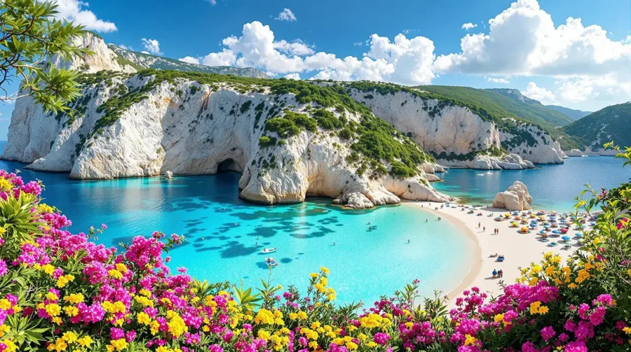 Sardinia beach with cliffs, turquoise waters, colorful flowers, and boats under a sunny sky.