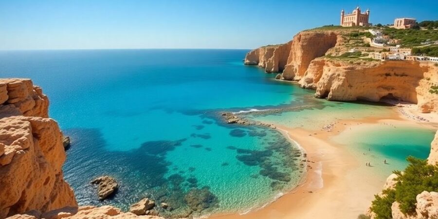 Coastal cliffs, serene beach, turquoise water, lush greenery, historic architecture, sunset glow.