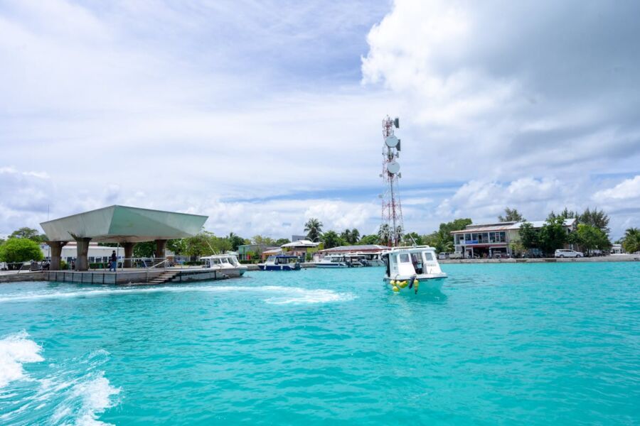 Vibrant coastal scene featuring turquoise waters, a busy dock, lush greenery, and modern buildings.