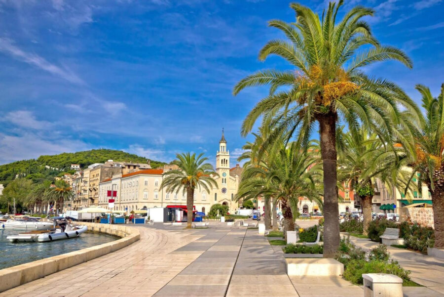Scenic coastal promenade with palm trees, boats, historic architecture, and lush hillside views.
