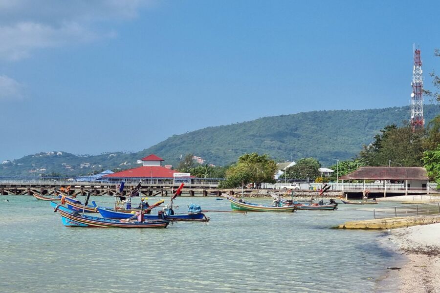 Serene coastal scene with vibrant fishing boats, colorful pier, lush greenery, and tranquil water.