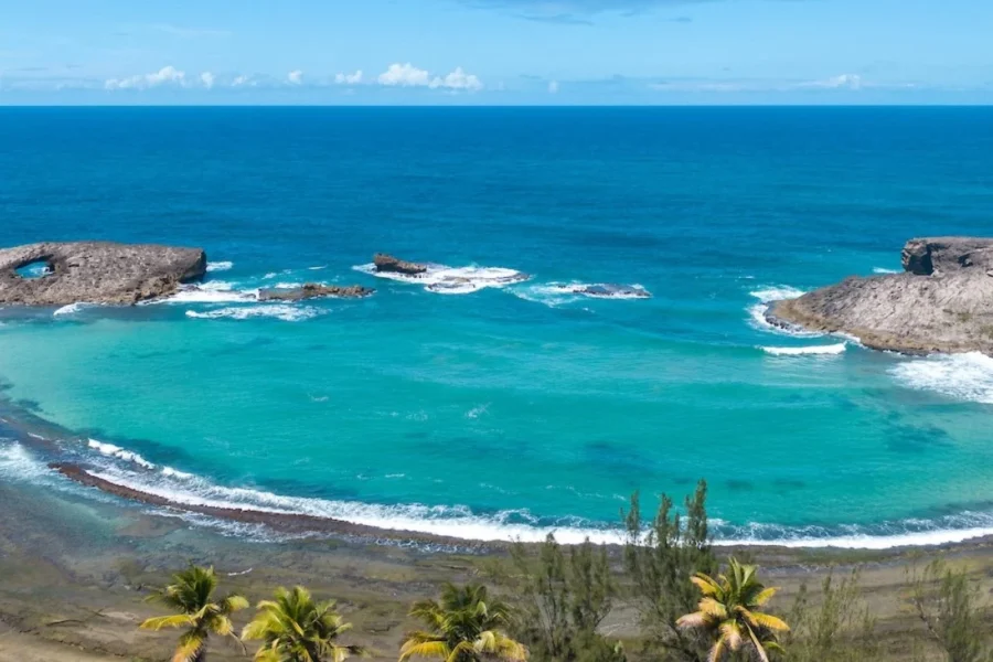 Tropical Arecibo coastline with turquoise bay, rock arch, palm trees, cliffs, and blue Caribbean Sea.
