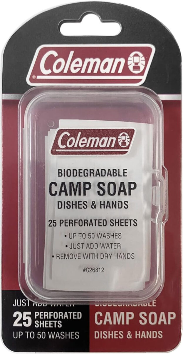 Coleman Camp Soap Sheets packaged for outdoor use, featuring a compact design for easy portability and convenience.