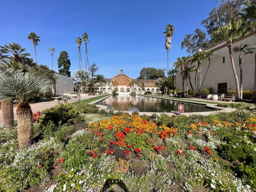 Colorful garden with palm trees, reflecting pool, and historical architecture, Old Town San Diego.