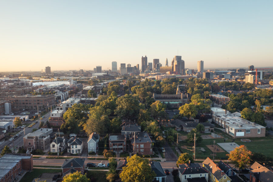 Panoramic morning view of Columbus, Ohio, showcasing the art district and city skyline