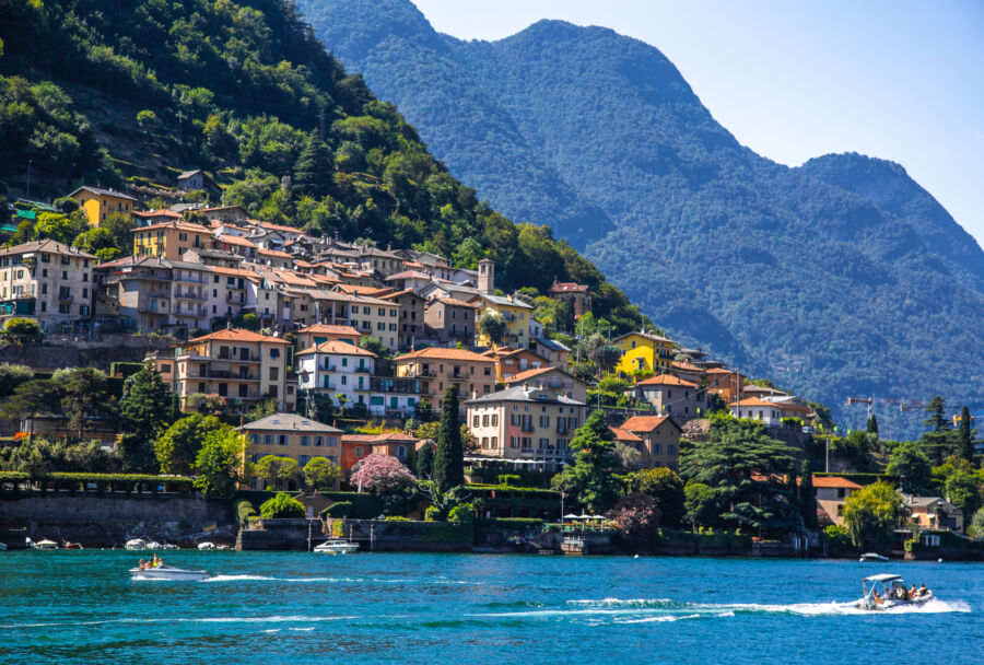 Scenic view of the village Torno Fagetto Laglio Quarzano by Lake Como in Lombardy, Italy, showcasing charming architecture and nature