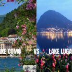 Lake Como vs Lake Lugano comparison: sunny lakeside town and twilight mountain reflections.