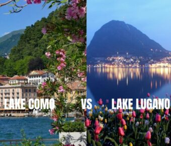 Lake Como vs Lake Lugano comparison: sunny lakeside town and twilight mountain reflections.