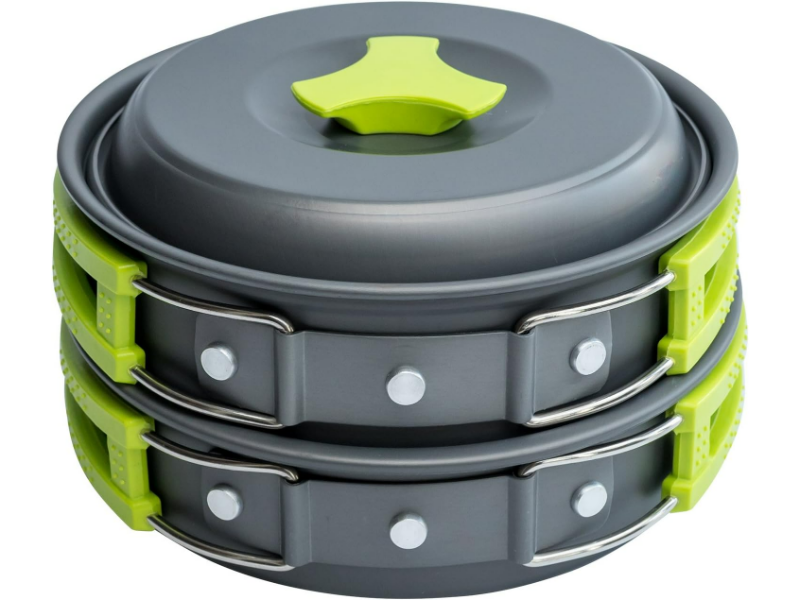 Compact stackable food containers with gray finish, lime green handle, and stainless steel clips.