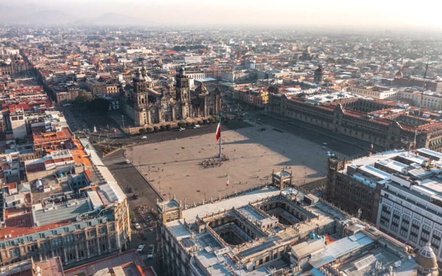 Aerial view of Constitution Plaza in Mexico City, showcasing its layout and surrounding urban landscape