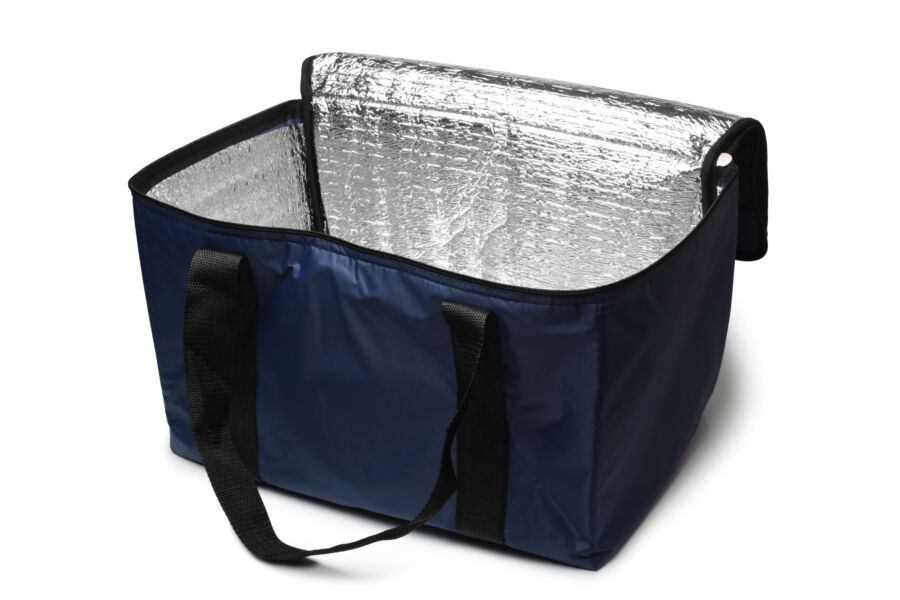 Open blue insulated cooler bag with silver foil lining, featuring black handles, positioned on a white background.