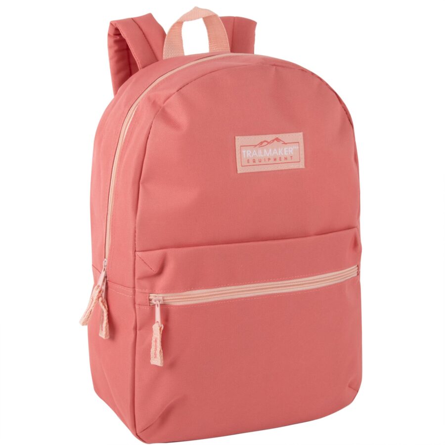 Coral-pink Trailmaker Classic 17″ backpack with front zip pocket and padded straps.