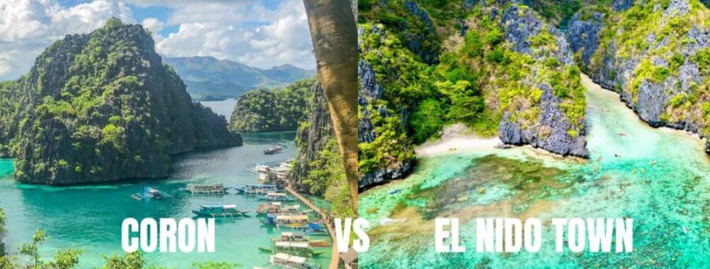 Coron vs El Nido Palawan beaches: turquoise lagoons, limestone karsts, boats and white-sand coves.
