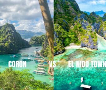 Coron vs El Nido Palawan beaches: turquoise lagoons, limestone karsts, boats and white-sand coves.