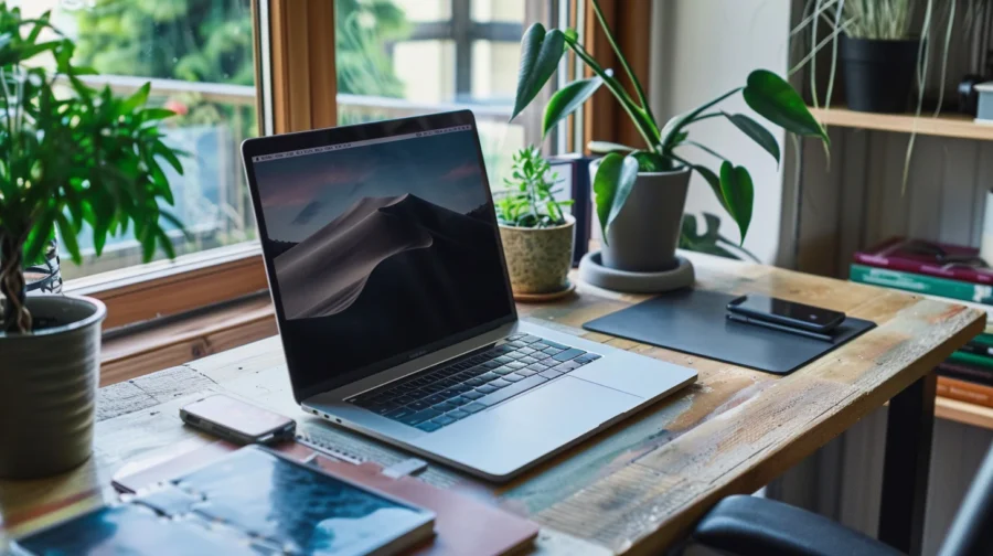 Serene workspace: rustic desk, modern laptop, plants, and natural light for productivity.