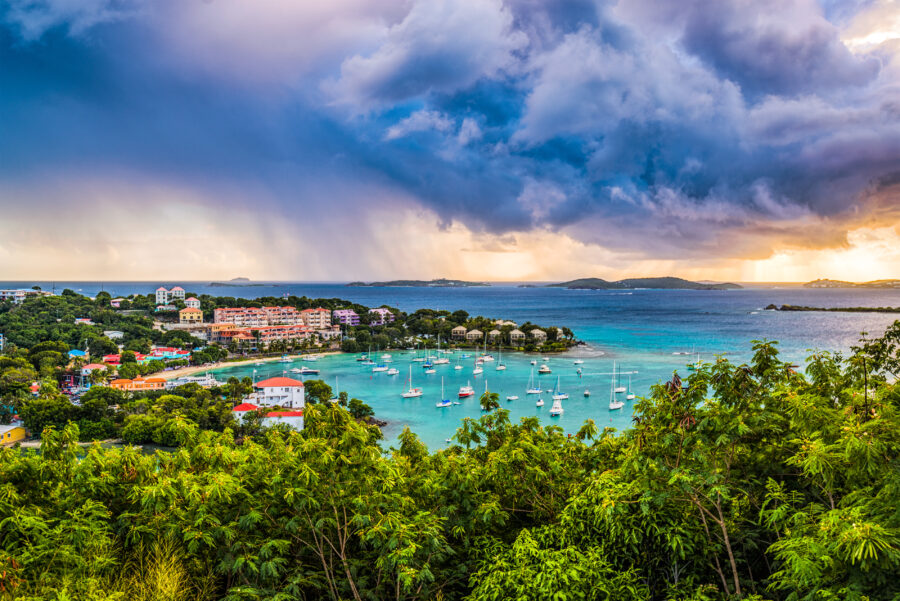 Panoramic view of Cruz Bay, St. John, showcasing sailboats and vibrant coastal scenery in the U.S. Virgin Islands