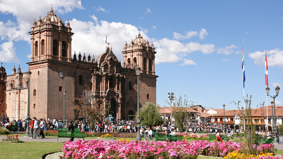 Cusco Cathedral, a prominent structure with numerous towers, stands majestically in the heart of Cusco, Peru.