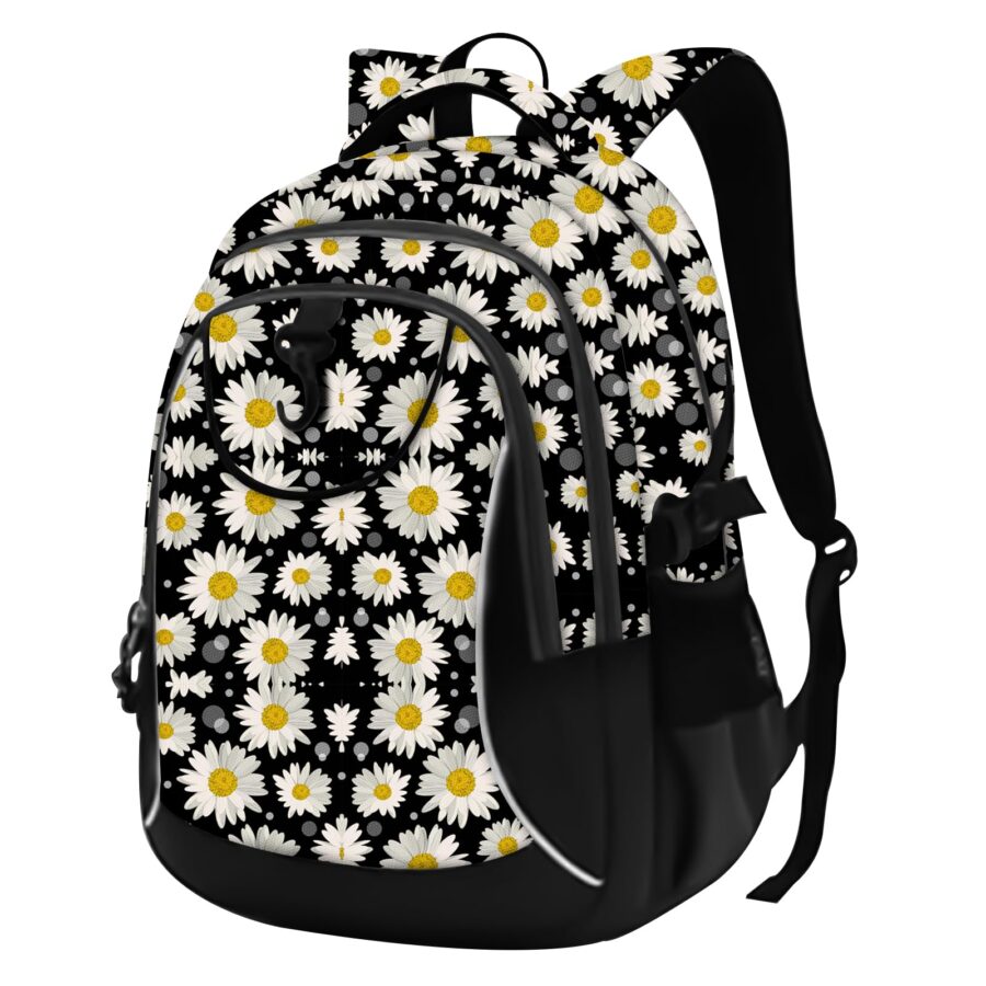 Black daisy print school backpack with padded straps and water bottle pocket.
