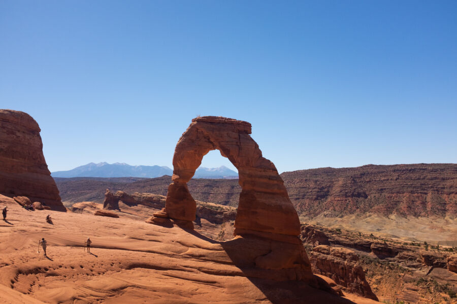 Delicate Arch stands majestically in Arches National Park, showcasing its iconic natural sandstone formation