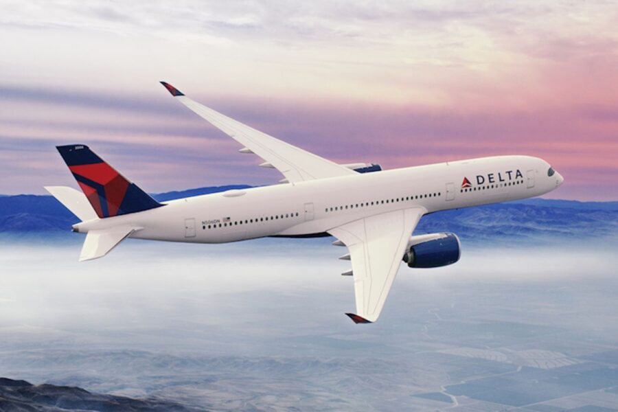 Delta Air Lines plane flying high, showcasing advanced aviation technology and stunning sky backdrop.