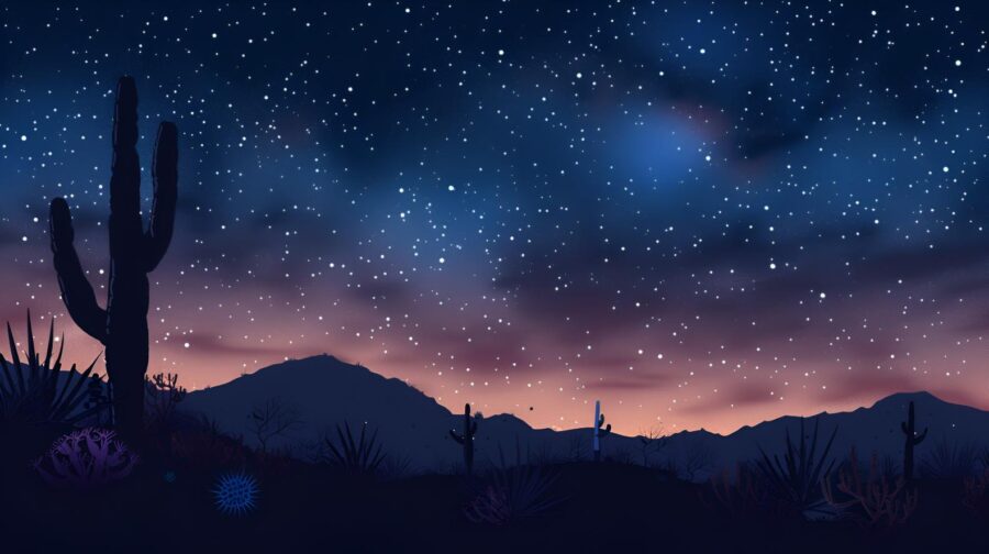 Arizona desert night sky with saguaro cactus, stars, and twilight glow.