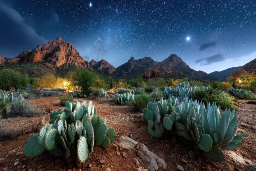 Arizona desert night with prickly pear and agave under starry sky and mountain silhouettes.