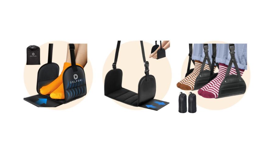 Three images of footrests for travel, each showing different designs with cushioned straps. Socks in bright patterns add a cozy, comfortable feel.