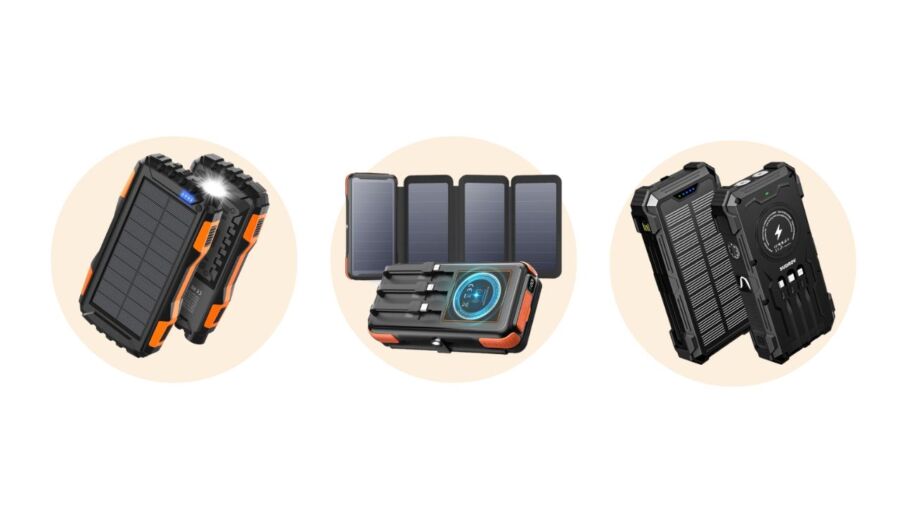 Three solar power banks are displayed, each with a rugged design. The first has a flashlight, the second features foldable panels, and the third offers wireless charging.
