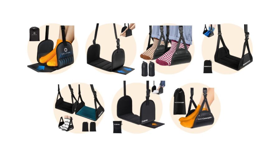 Various airplane foot hammocks designed for comfort in economy class seating.

