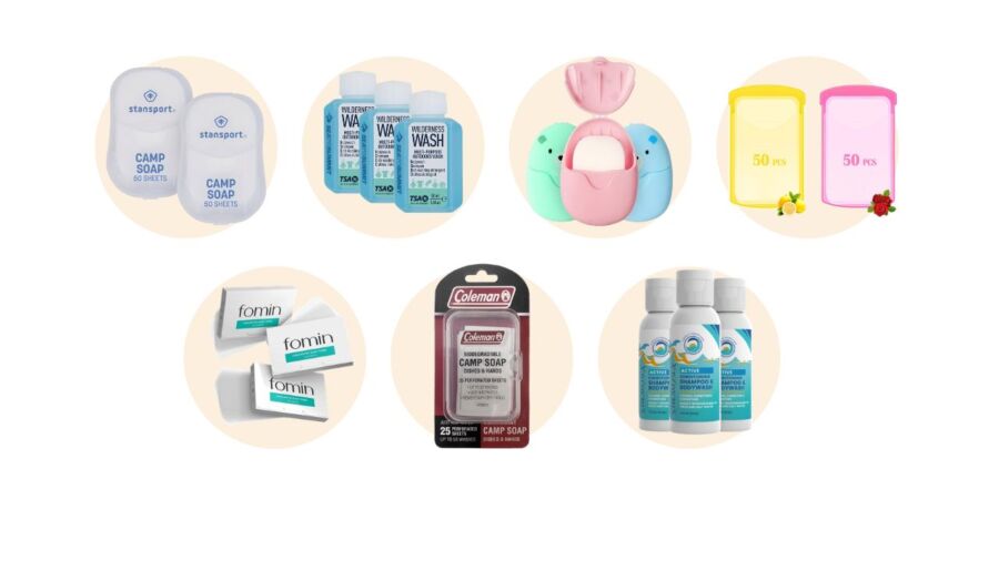Display of biodegradable travel-size shampoo sheets with an assortment of toothpaste and toothbrushes in the background.