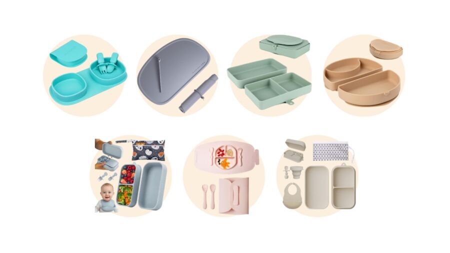 Collection of various baby products, featuring different Best Fold-Flat Silicone Baby Travel Plates in vibrant colors.