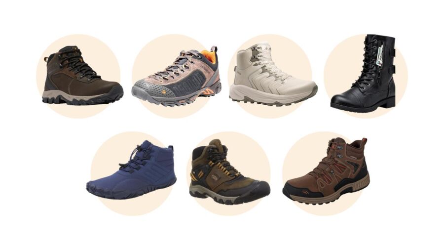 Different styles of hiking boots that are compact and designed to pack flat for convenient travel and outdoor adventures.

