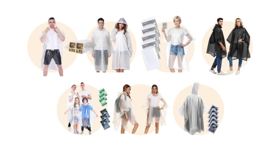 Vibrant collage of people dressed in different lightweight rain ponchos, highlighting options for theme park adventures.