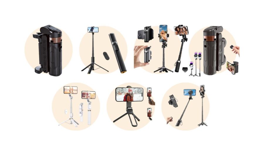 Assortment of selfie sticks, highlighting diverse designs suitable for capturing solo travel selfies.