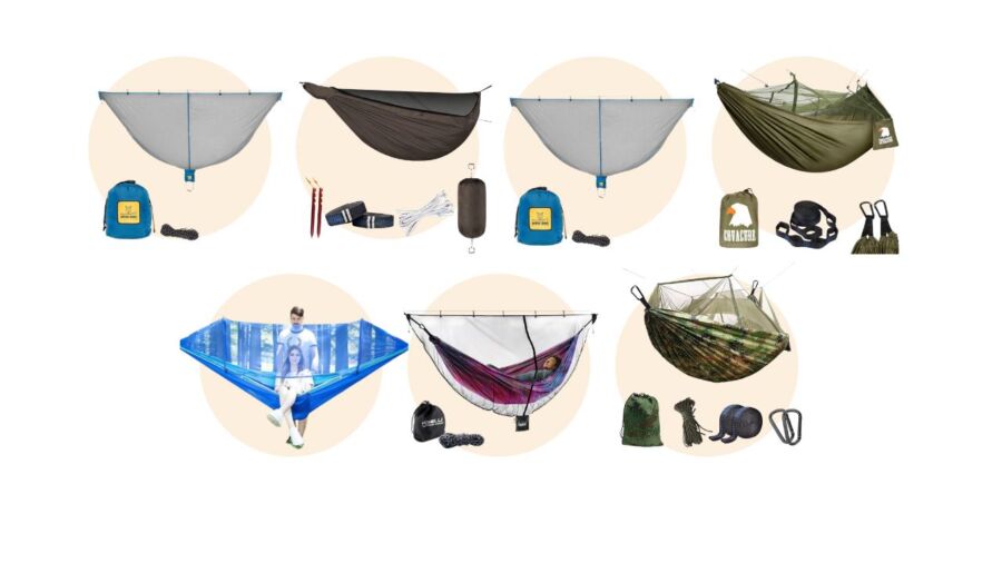 Different styles of hammocks alongside packable mosquito nets for enhanced outdoor comfort and protection.