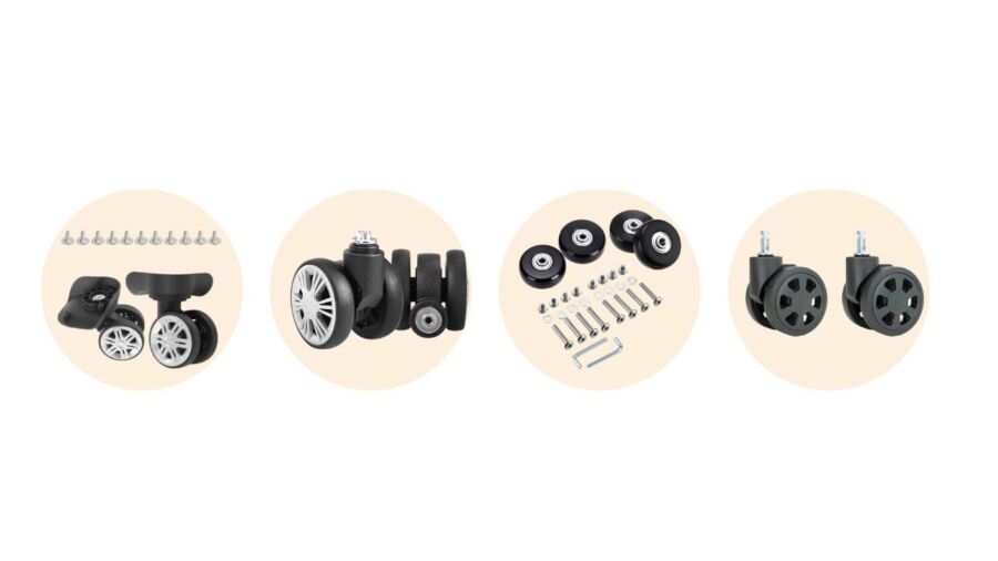 Different Various wheelchair wheels and components, featuring the best upgrades for quiet, retractable luggage wheels.