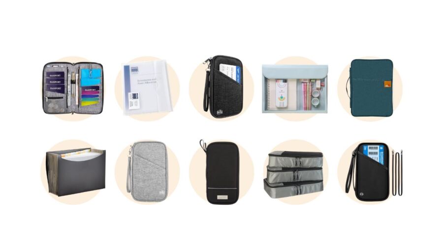 Ten innovative travel document organizers in different shapes and colors, designed to streamline packing with zippers and compartments.