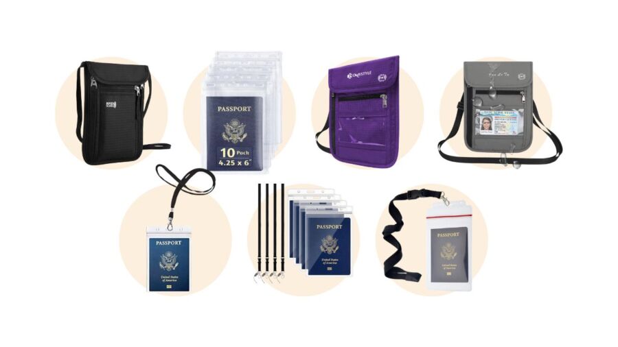 Display of waterproof passport holders and lanyards, highlighting their practicality and style for secure travel organization.
