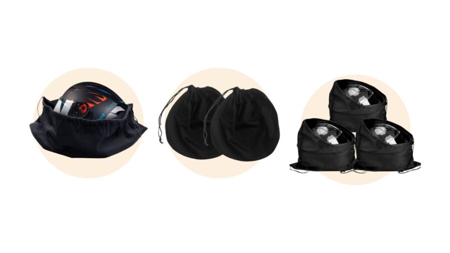 Three black packable ski helmet bags arranged together, with a helmet placed on one bag, highlighting their compact style.